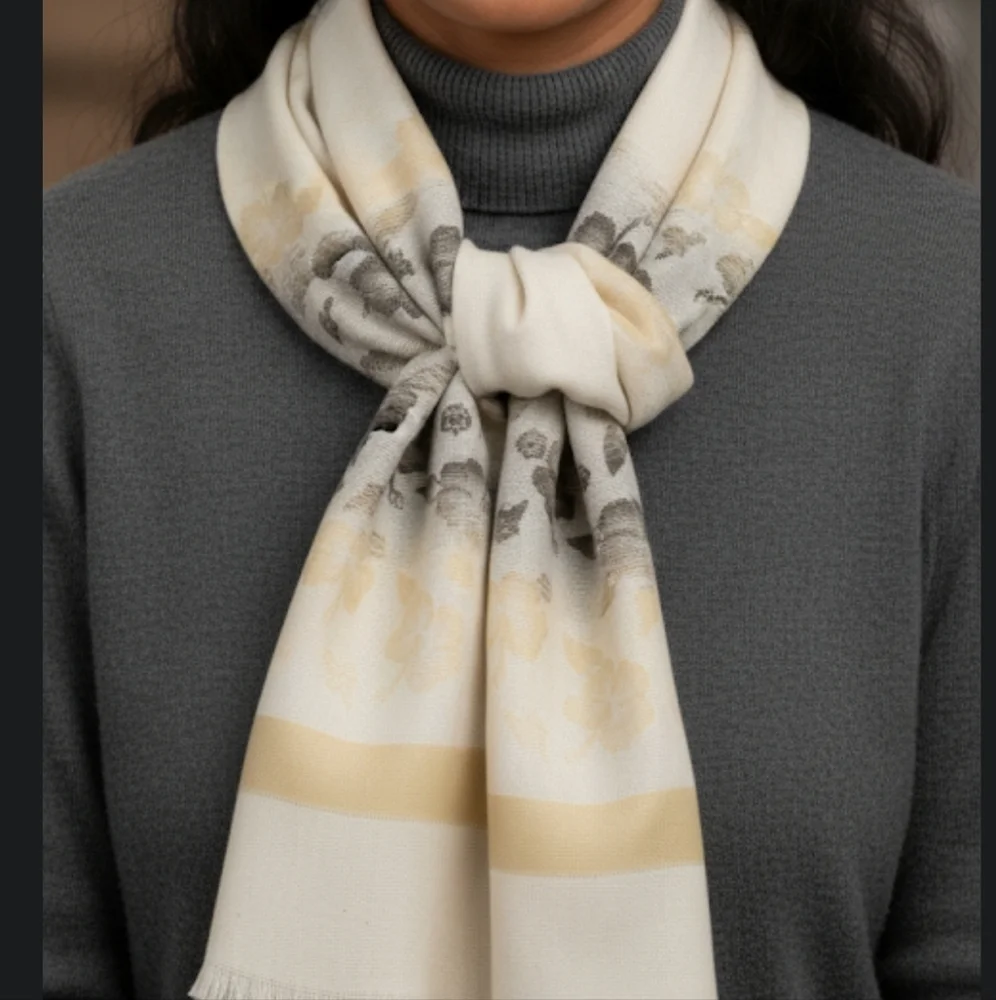 Womens 100% Cashmere Unbranded Scarf Wide Blanket Scarf Wrap Cozy Ivory Floral